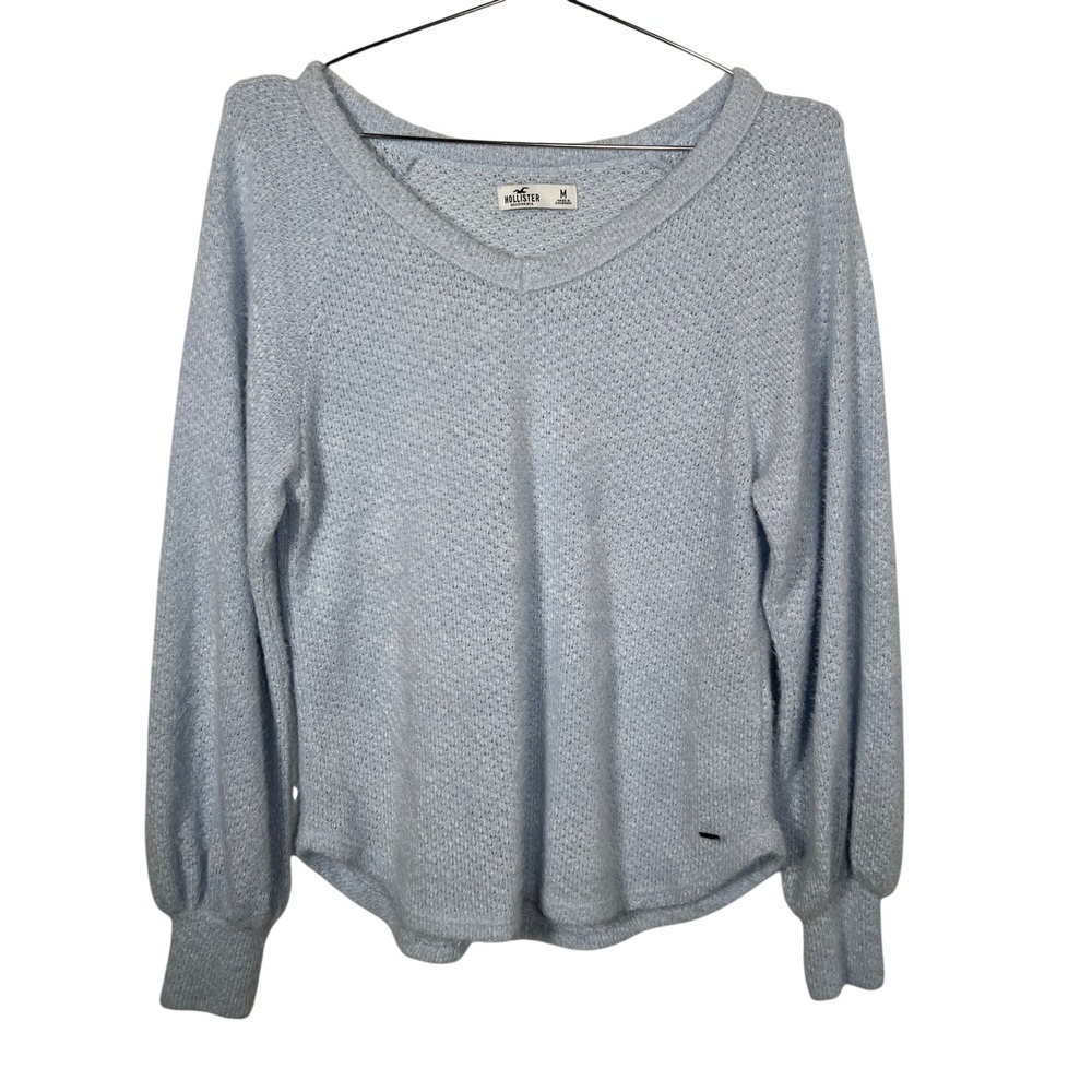 Hollister Light‎ Blue Fuzzy V-Neck Sweater Balloon Sleeve Knit Medium